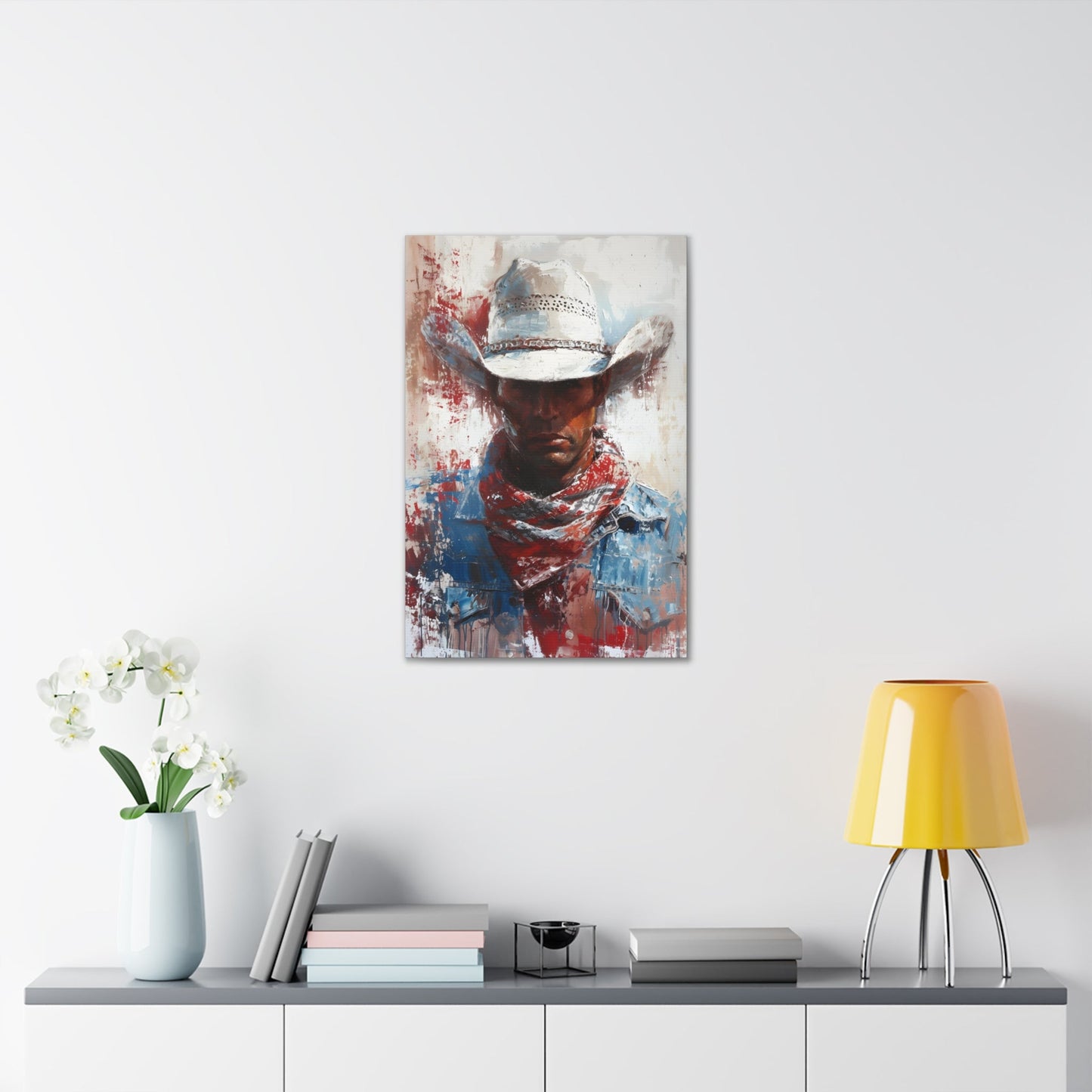 Vertical-oriented artwork: Portrait of a Cowboy II depicts a close-up portrait of a lone cowboy, his face partially obscured by a wide-brimmed hat, rendered in the Impressionist style with charming details and contrasting values, capturing the rugged beauty of the Old West.