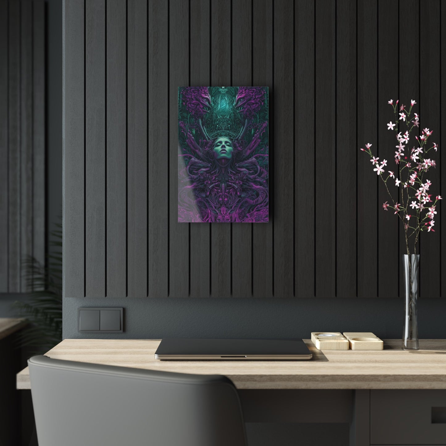 Vertical-oriented artwork: Illustration inspired artwork featuring an otherworldly queen with green skin and purple tentacles, set against a dark and mysterious background. The queen's symmetrical face and intricate design elements evoke an aura of eerie mystique.