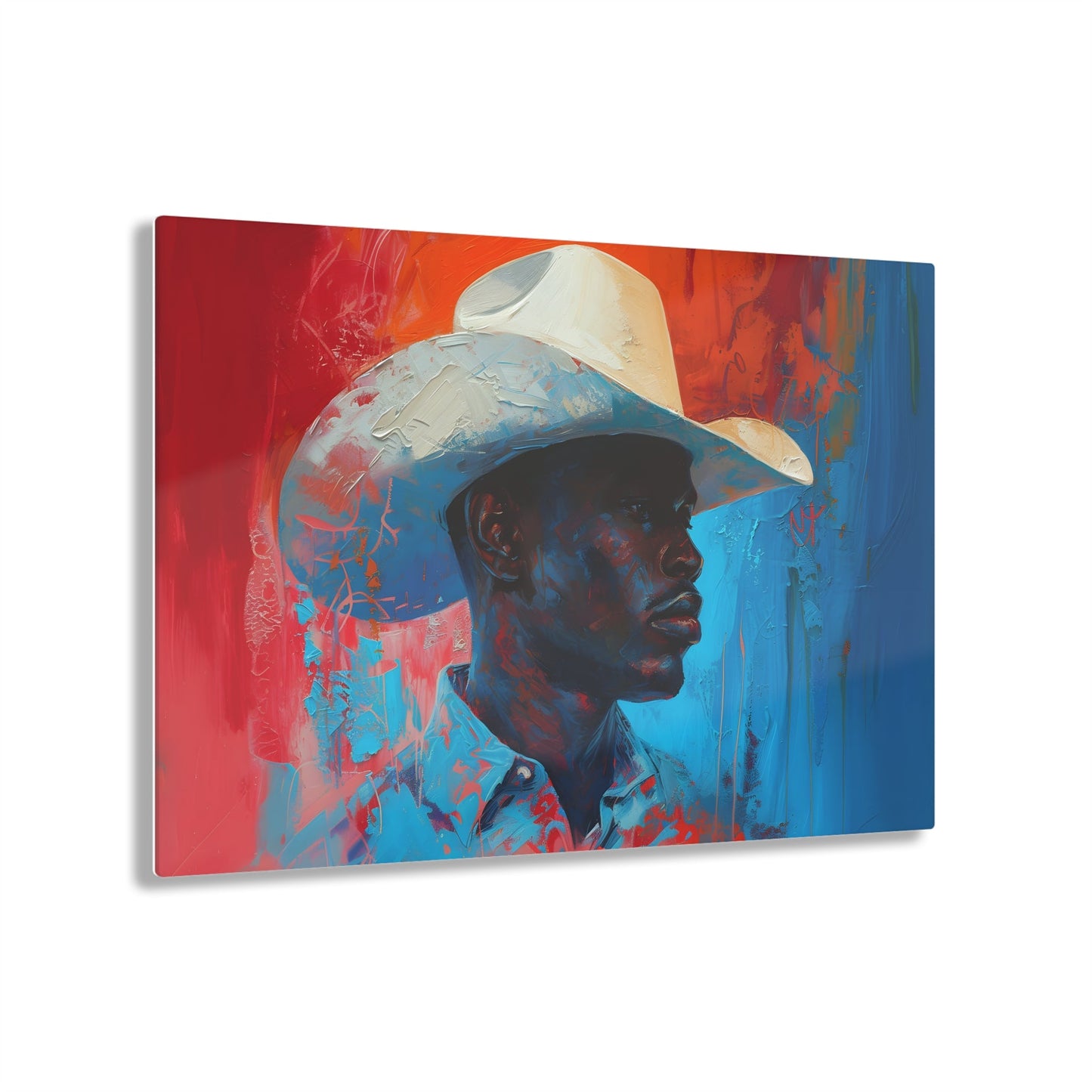 Horizontal-oriented artwork: Portrait of a Cowboy III depicts a close-up portrait of a lone cowboy, his face partially obscured by a wide-brimmed hat, rendered in the Impressionist style with charming details and contrasting values, capturing the rugged beauty of the Old West.