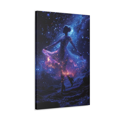 Capturing the celestial grace of a ballerina dancing amidst stars, Cosmic Ballet wall art adds an enchanting touch of cosmic elegance to your space, featuring a celestial dancer with a dress adorned by cosmic constellations with blue, pink, and purple hues.