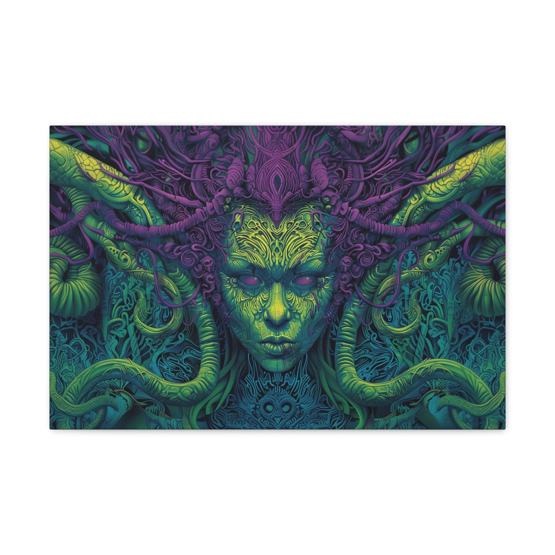 Horizontal-oriented artwork: Illustration inspired artwork featuring an otherworldly queen with green skin and purple tentacles, set against a dark and mysterious background. The queen's symmetrical face and intricate design elements evoke an aura of eerie mystique.