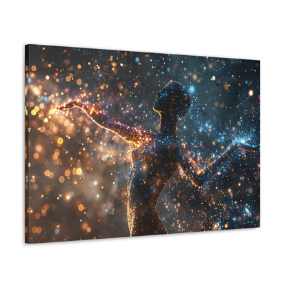 Captivating pointillism artwork featuring a graceful female silhouette amidst a cosmic backdrop, seamlessly blending celestial elements and the elegance of the human form in Stellar Poise.