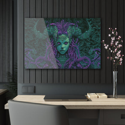 Horizontal-oriented artwork: Illustration inspired artwork featuring an otherworldly queen with green skin and purple tentacles, set against a dark and mysterious background. The queen's symmetrical face and intricate design elements evoke an aura of eerie mystique.