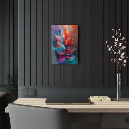 Vertical-oriented artwork: Vivid Floral Kaleidoscope - An abstract still life painting featuring a dynamic mix of colorful flowers in a kaleidoscopic arrangement, bursting with vibrant hues and intricate patterns.