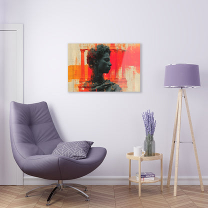 Horizontal-Oriented wall art: Digital artwork titled AfroSync from the Renaissance Rebooted collection, featuring a Renaissance-inspired male statue with an Afro-centric twist, surrounded by glitch art and vibrant red and orange tones. The image combines classical sculpture with modern digital elements, symbolizing the fusion of tradition and technology.
