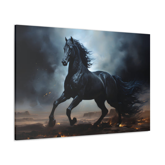 Horizontal-oriented wall art: 'Shadowed Stallion' from the Darklight Bestiary collection transcends traditional equestrian portrayals, skillfully navigating light and shadow in chiaroscuro style. The interplay between darkness and radiance breathes life into the majestic stallion. This artwork adds untamed elegance and a visual symphony to any space.