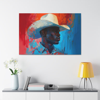 Horizontal-oriented artwork: Portrait of a Cowboy III depicts a close-up portrait of a lone cowboy, his face partially obscured by a wide-brimmed hat, rendered in the Impressionist style with charming details and contrasting values, capturing the rugged beauty of the Old West.