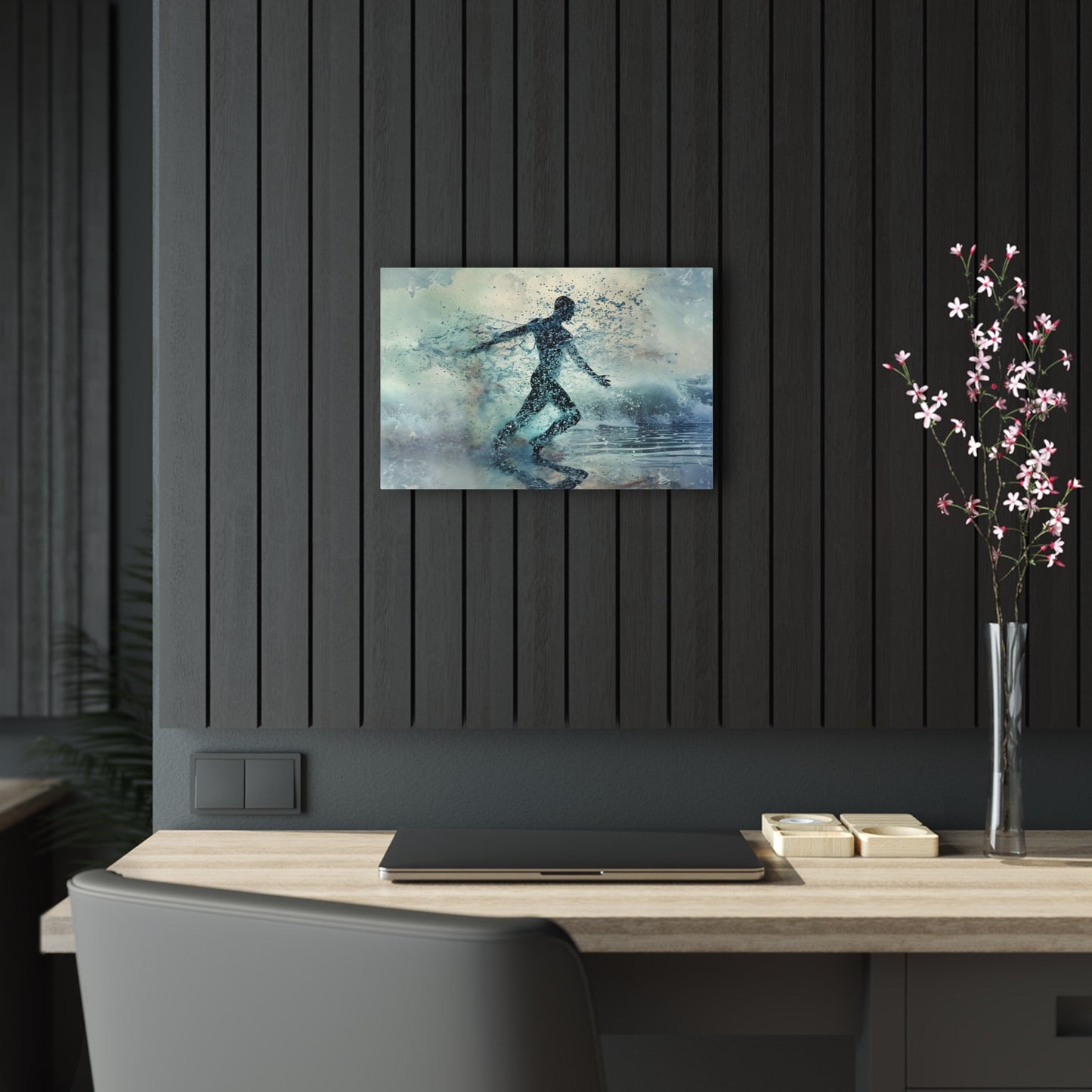 Spectral Seafarer" portrays a male silhouette dancing amid celestial oceanic waves, blending ethereal beauty with the grace of the underwater world, in a stunning display of pointillism-infused art.