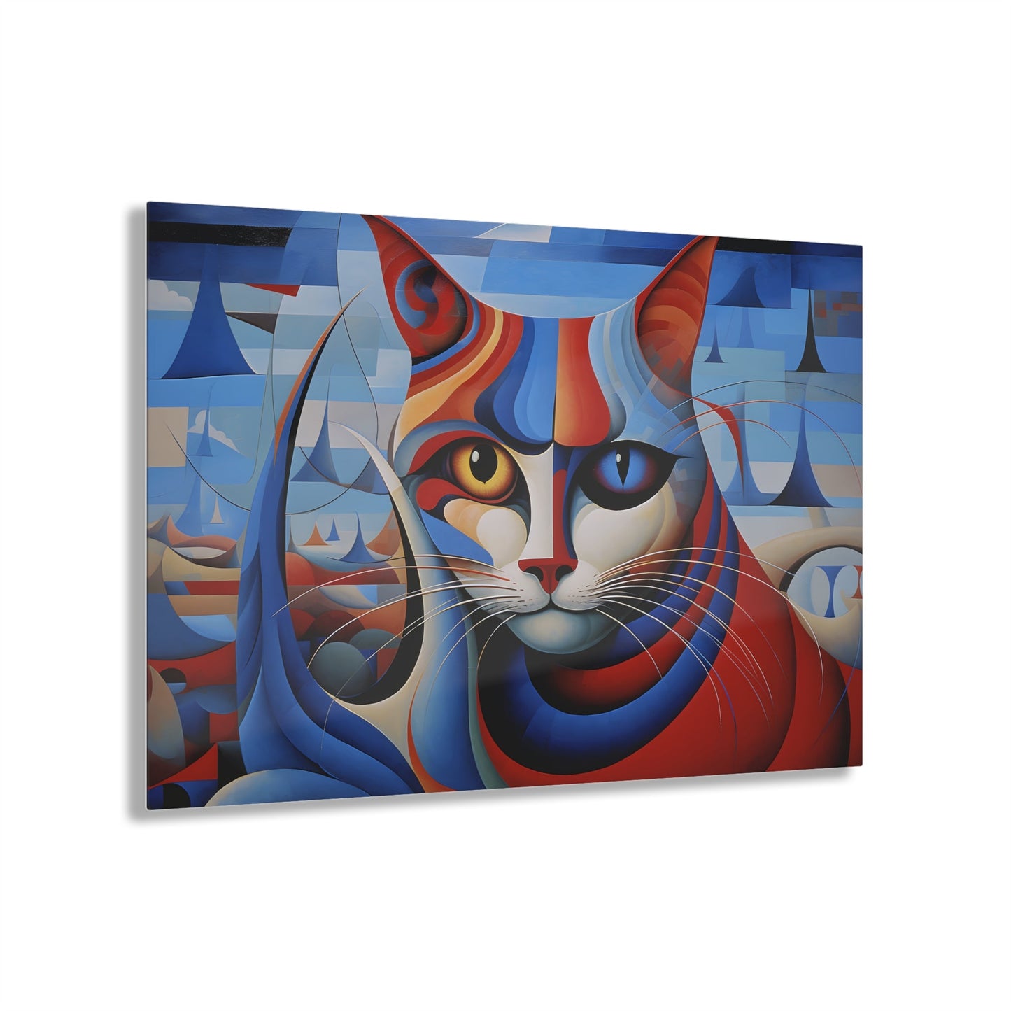 Horizontal-oriented wall art: A vibrant, cubist-inspired depiction of a cat's face, featuring bold geometric shapes and a striking mix of red, blue, and orange tones. The cat's eyes are prominently highlighted, with one eye in yellow and the other in blue, creating a captivating contrast against the abstract background.