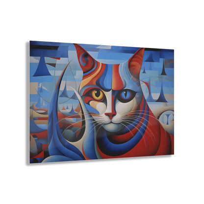 Horizontal-oriented wall art: A vibrant, cubist-inspired depiction of a cat's face, featuring bold geometric shapes and a striking mix of red, blue, and orange tones. The cat's eyes are prominently highlighted, with one eye in yellow and the other in blue, creating a captivating contrast against the abstract background.