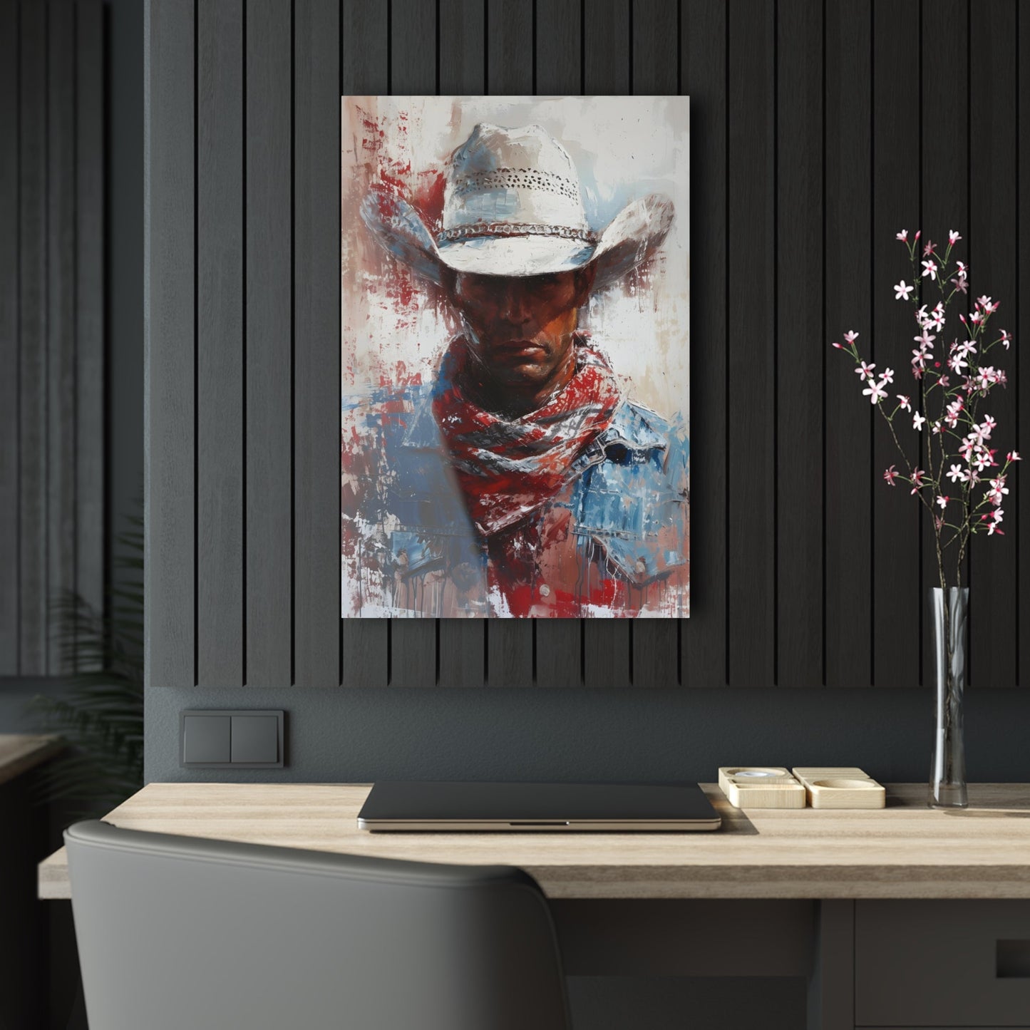 Vertical-oriented artwork: Portrait of a Cowboy II depicts a close-up portrait of a lone cowboy, his face partially obscured by a wide-brimmed hat, rendered in the Impressionist style with charming details and contrasting values, capturing the rugged beauty of the Old West.