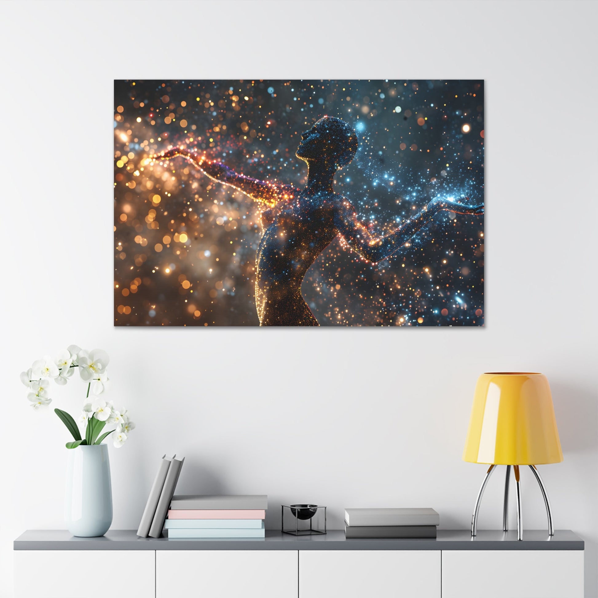 Captivating pointillism artwork featuring a graceful female silhouette amidst a cosmic backdrop, seamlessly blending celestial elements and the elegance of the human form in Stellar Poise.