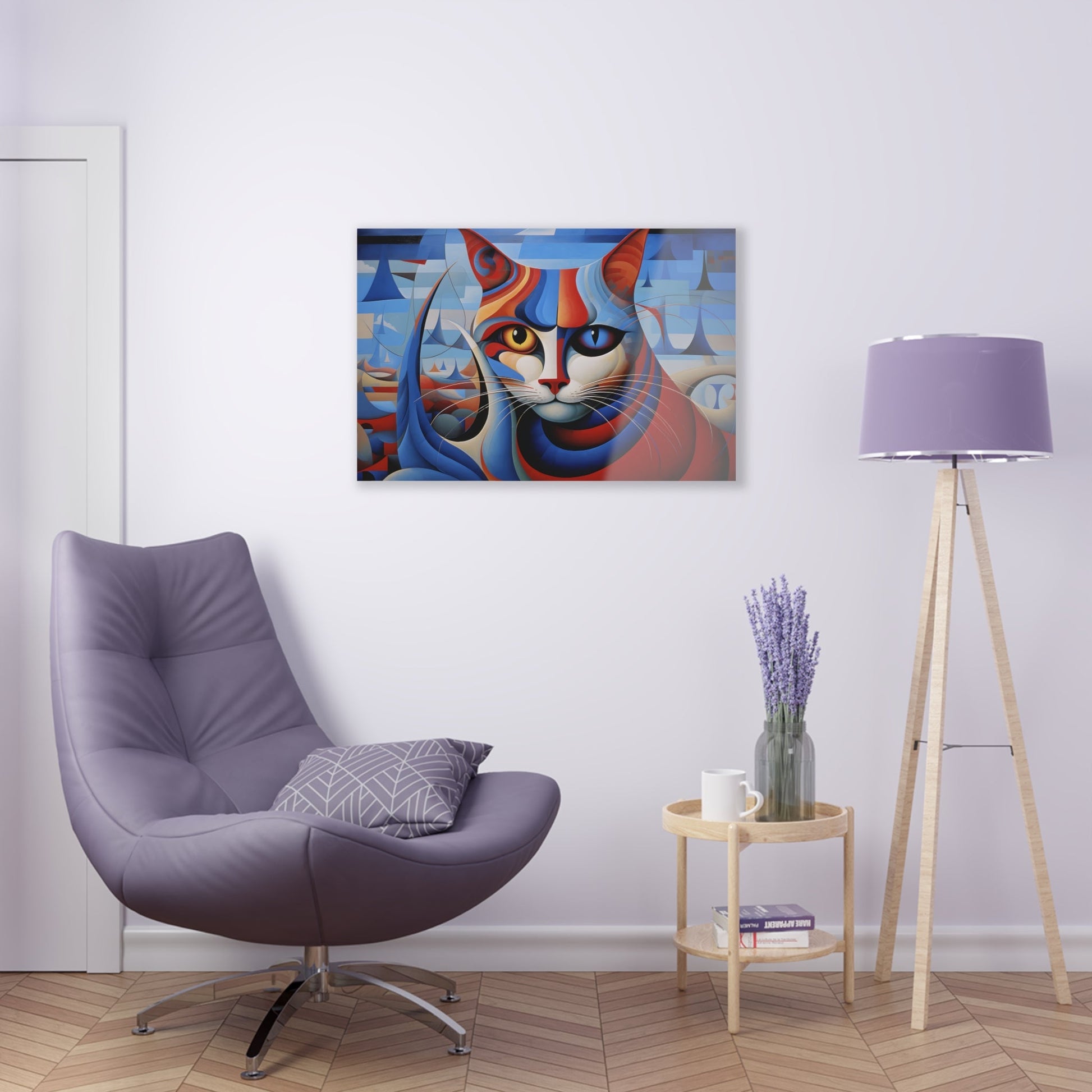 Horizontal-oriented wall art: A vibrant, cubist-inspired depiction of a cat's face, featuring bold geometric shapes and a striking mix of red, blue, and orange tones. The cat's eyes are prominently highlighted, with one eye in yellow and the other in blue, creating a captivating contrast against the abstract background.