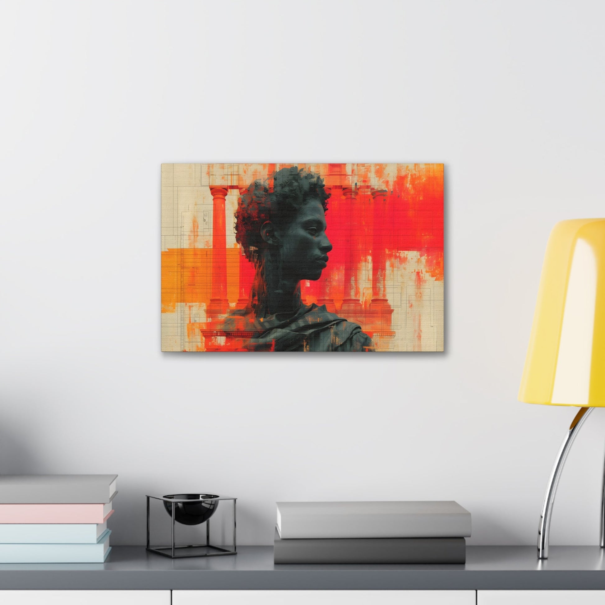 Horizontal-Oriented wall art: Digital artwork titled AfroSync from the Renaissance Rebooted collection, featuring a Renaissance-inspired male statue with an Afro-centric twist, surrounded by glitch art and vibrant red and orange tones. The image combines classical sculpture with modern digital elements, symbolizing the fusion of tradition and technology.
