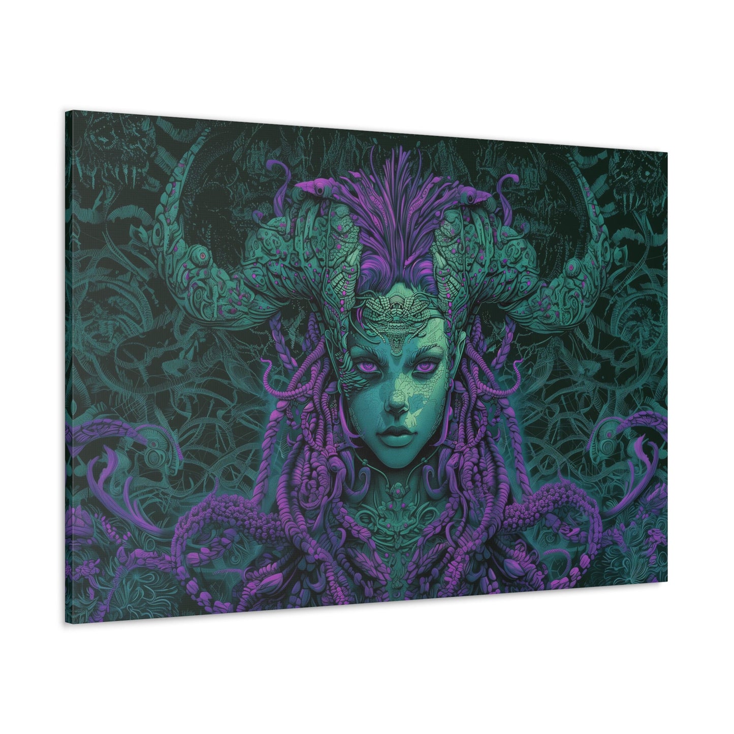 Horizontal-oriented artwork: Illustration inspired artwork featuring an otherworldly queen with green skin and purple tentacles, set against a dark and mysterious background. The queen's symmetrical face and intricate design elements evoke an aura of eerie mystique.