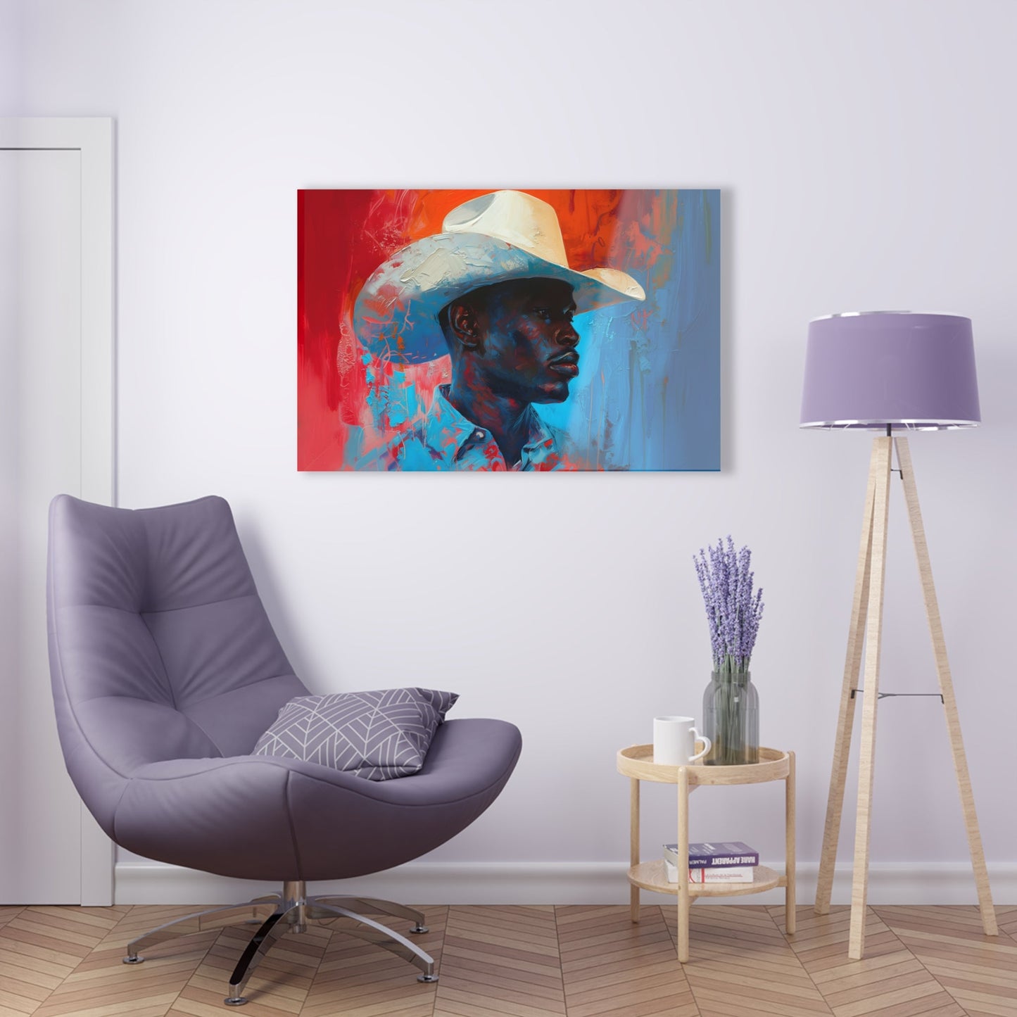 Horizontal-oriented artwork: Portrait of a Cowboy III depicts a close-up portrait of a lone cowboy, his face partially obscured by a wide-brimmed hat, rendered in the Impressionist style with charming details and contrasting values, capturing the rugged beauty of the Old West.