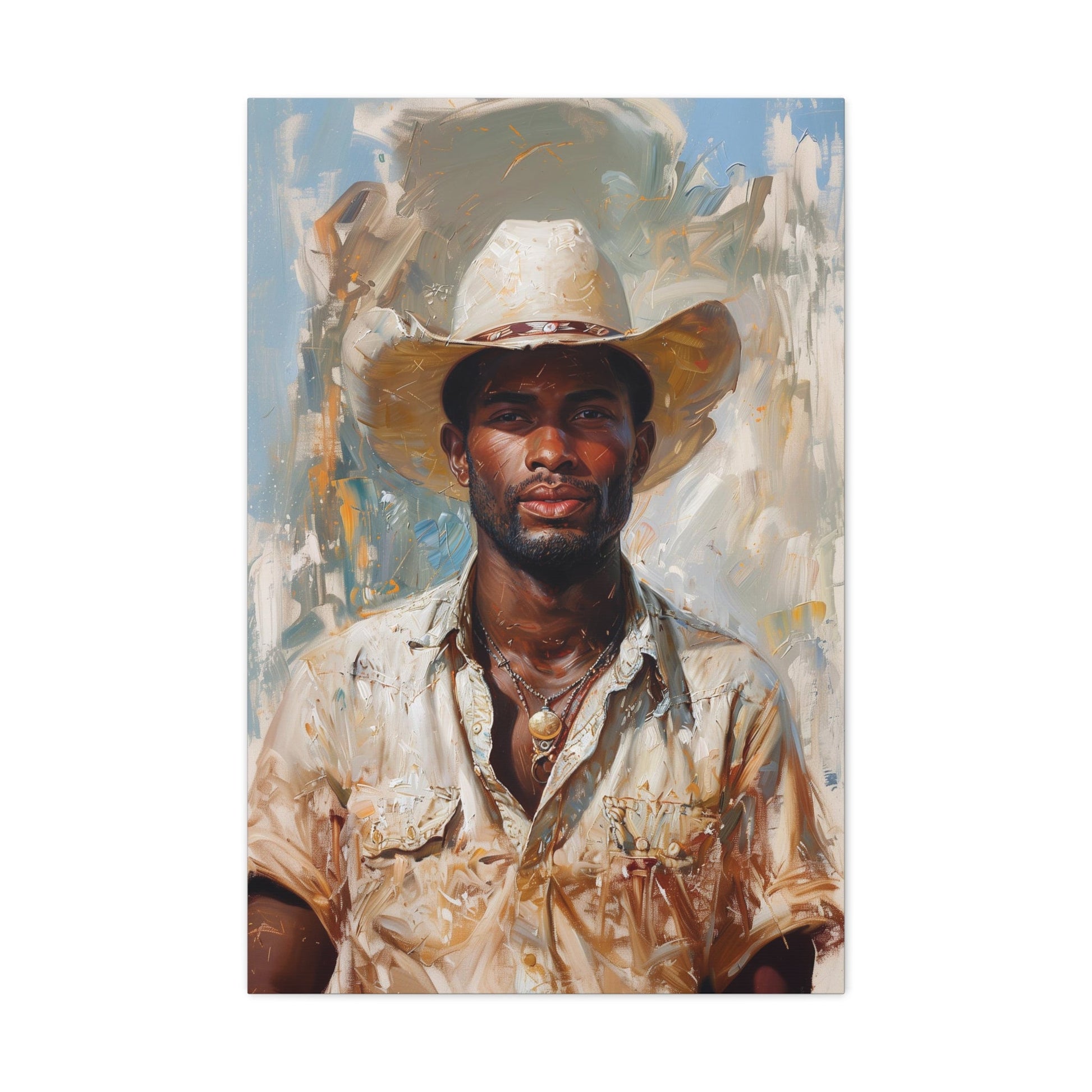 Vertical-oriented artwork: Portrait of a Cowboy IV depicts a close-up portrait of an african-american lone cowboy, his face partially obscured by a wide-brimmed hat, rendered in the Impressionist style with charming details and contrasting values, capturing the rugged beauty of the Old West.