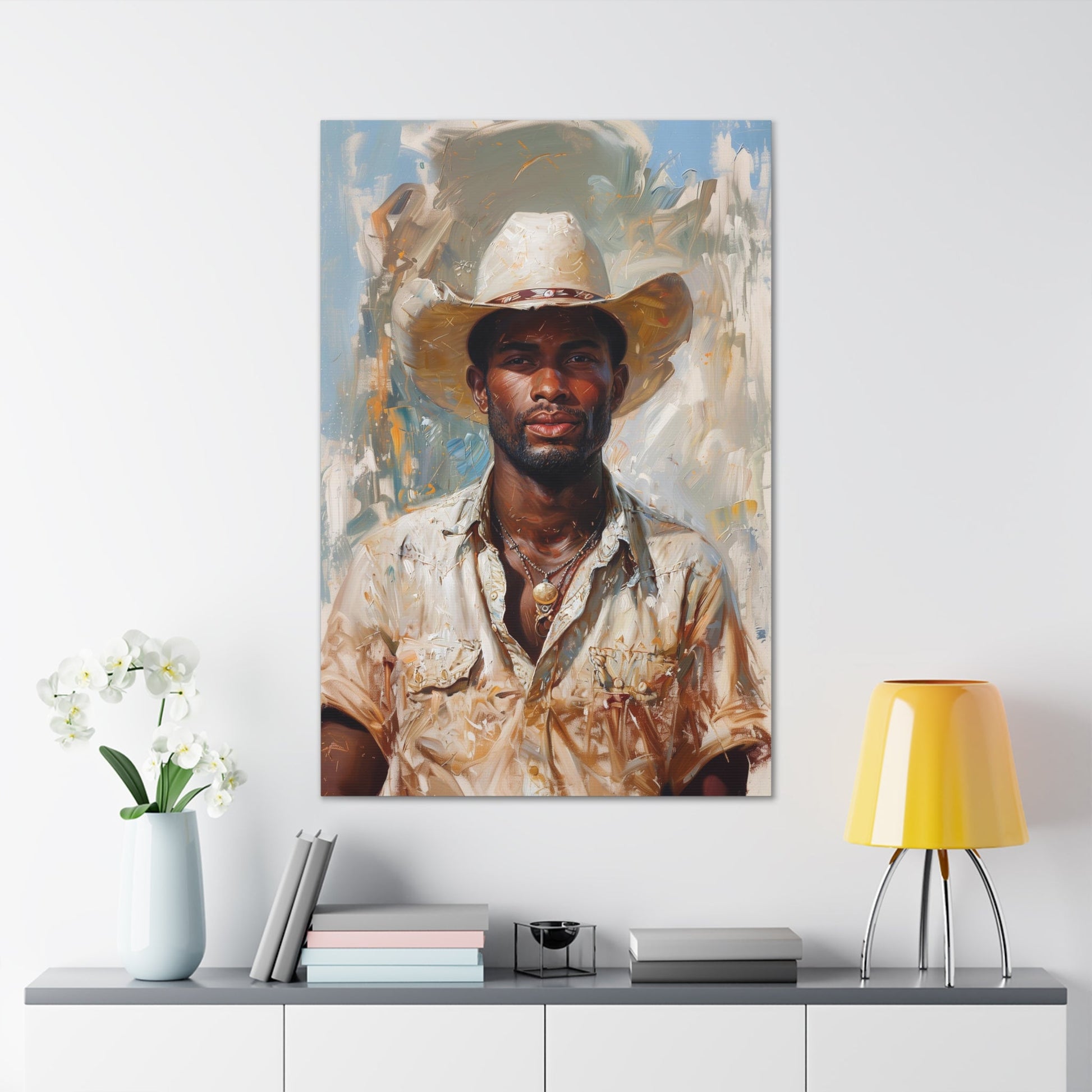 Vertical-oriented artwork: Portrait of a Cowboy IV depicts a close-up portrait of an african-american lone cowboy, his face partially obscured by a wide-brimmed hat, rendered in the Impressionist style with charming details and contrasting values, capturing the rugged beauty of the Old West.