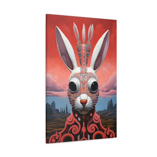 Vertical-oriented wall art: A surreal, stylized hare with intricate geometric patterns and bold red hues stares forward with large, black eyes. The detailed design, set against a vibrant landscape, blends organic forms with the structured energy of the Vorticism art movement.