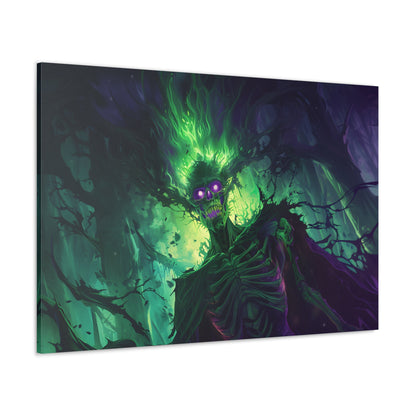 Horizontal-oriented artwork: An eerie illustration featuring a mystical lich with glowing eyes, surrounded by eldritch energies in shades of green and purple, against a dark, ominous background.