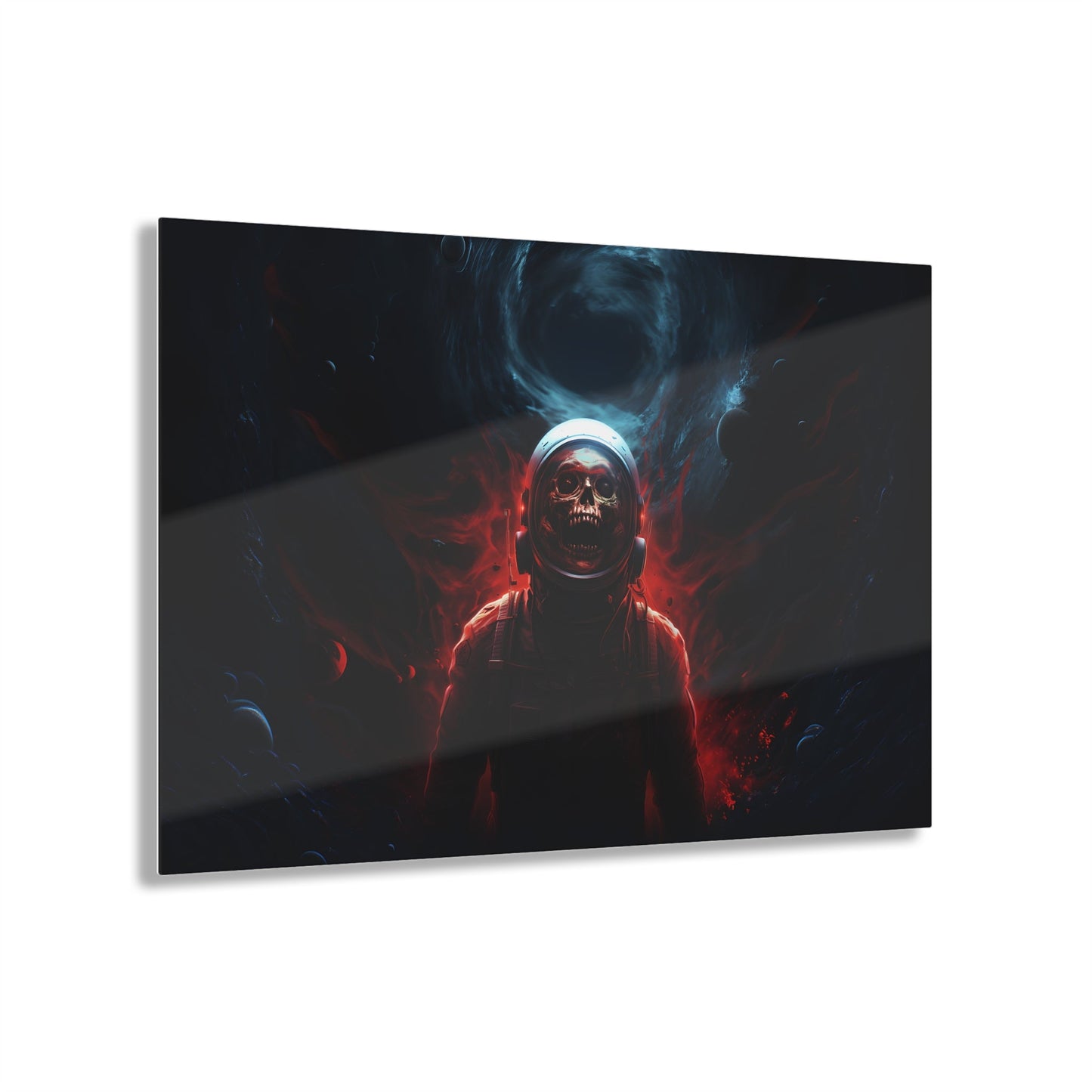 Horizontal-oriented wall art:'Cosmic Remains' from the Deep Space Dread collection features a surreal depiction of an astronaut's skeletal figure suspended in the vastness of space. The artwork showcases intricate details and cosmic hues, capturing the enigma of cosmic mysteries and otherworldly encounters.