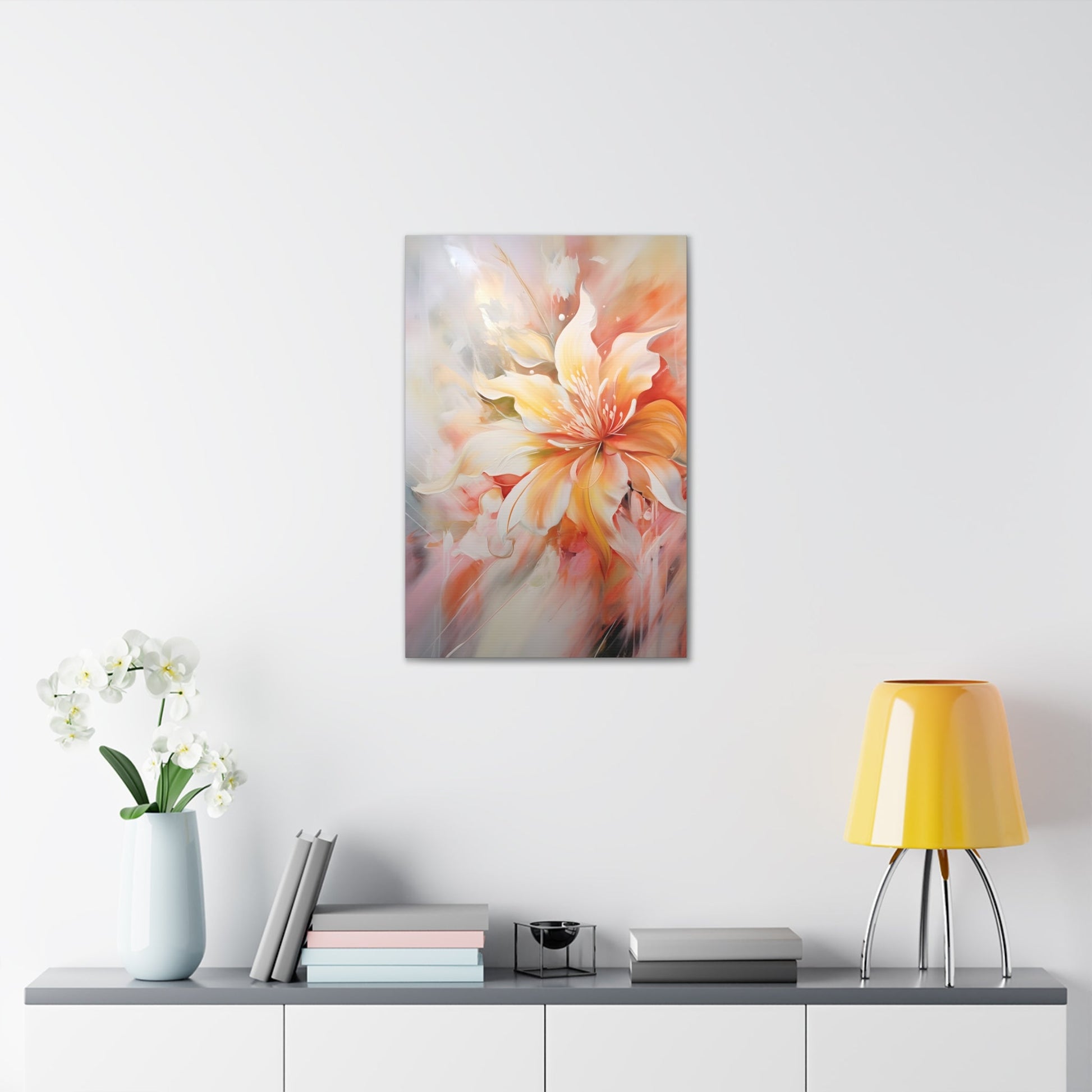 Vertical-Oriented wall art: "Whispering Ivory II" A soft, ivory-colored flower with gentle petals in shades of cream, peach, and blush, captured in flowing brushstrokes. This abstract artwork exudes tranquility and elegance, creating a serene atmosphere.