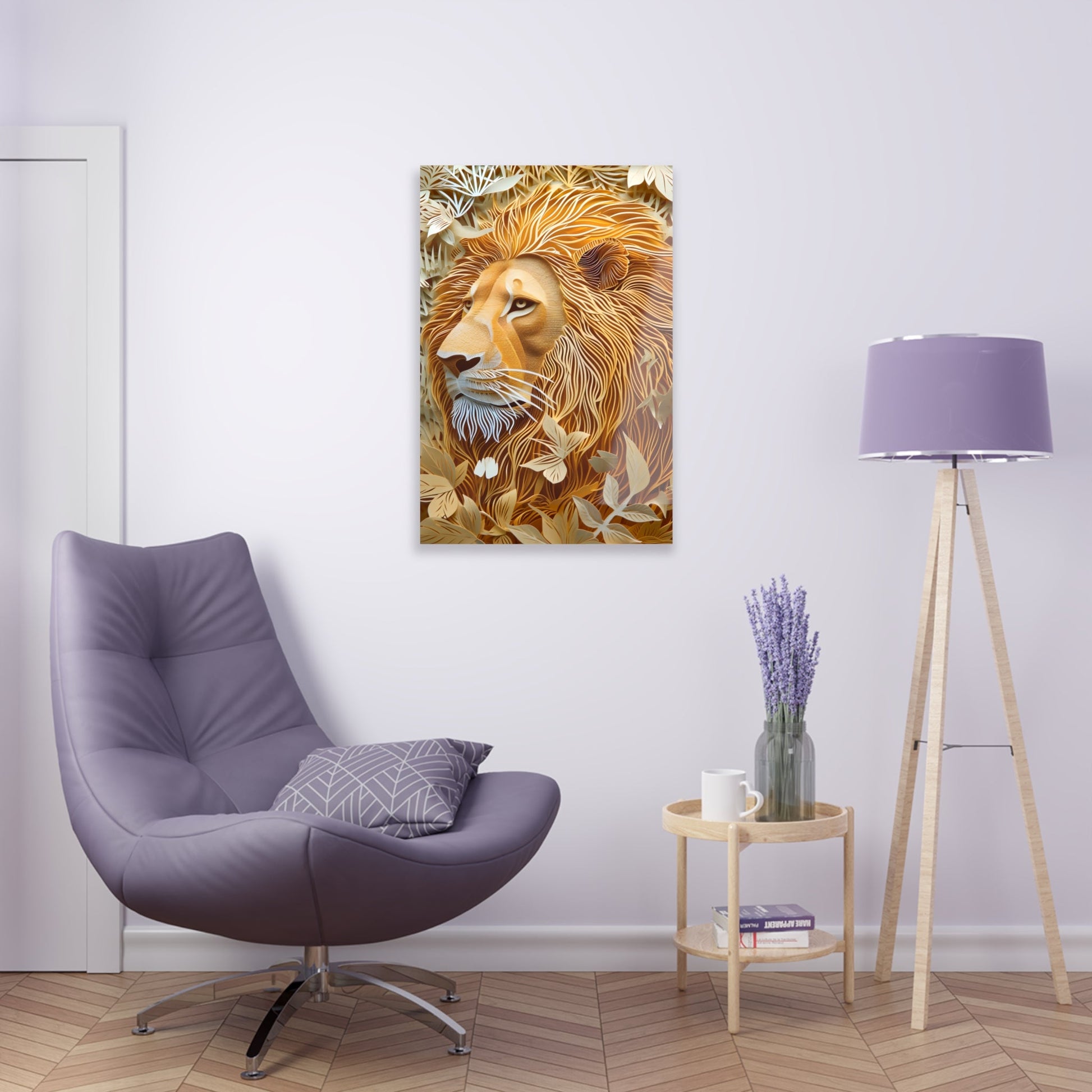 Celebrate the majestic beauty of the lion with 'Cut to the King II,' a stunning piece from our Wildlife Whims collection. This paper cutout inspired artwork captures the regal essence of the king of the jungle, with exquisite details and vibrant colors, adding a touch of the wild to your space.