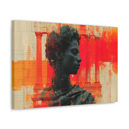 Horizontal-Oriented wall art: Digital artwork titled AfroSync from the Renaissance Rebooted collection, featuring a Renaissance-inspired male statue with an Afro-centric twist, surrounded by glitch art and vibrant red and orange tones. The image combines classical sculpture with modern digital elements, symbolizing the fusion of tradition and technology.
