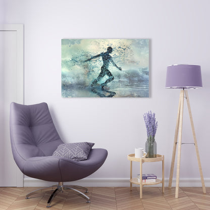 Spectral Seafarer" portrays a male silhouette dancing amid celestial oceanic waves, blending ethereal beauty with the grace of the underwater world, in a stunning display of pointillism-infused art.