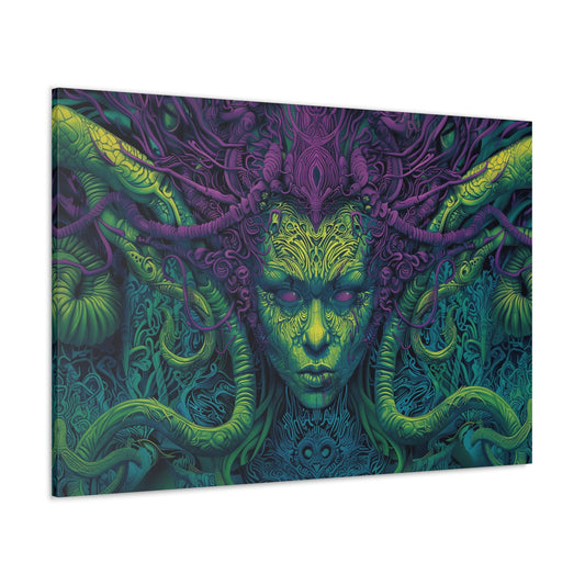 Horizontal-oriented artwork: Illustration inspired artwork featuring an otherworldly queen with green skin and purple tentacles, set against a dark and mysterious background. The queen's symmetrical face and intricate design elements evoke an aura of eerie mystique.