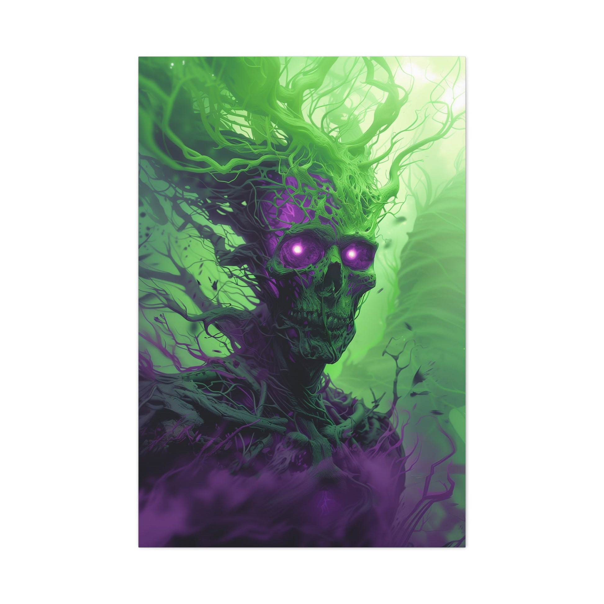 Vertical-oriented artwork: An eerie illustration featuring a mystical lich with glowing eyes, surrounded by eldritch energies in shades of green and purple, against a dark, ominous background.