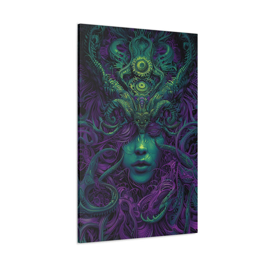 Vertical-oriented artwork: Illustration inspired artwork featuring an otherworldly queen with green skin and purple tentacles, set against a dark and mysterious background. The queen's symmetrical face and intricate design elements evoke an aura of eerie mystique.