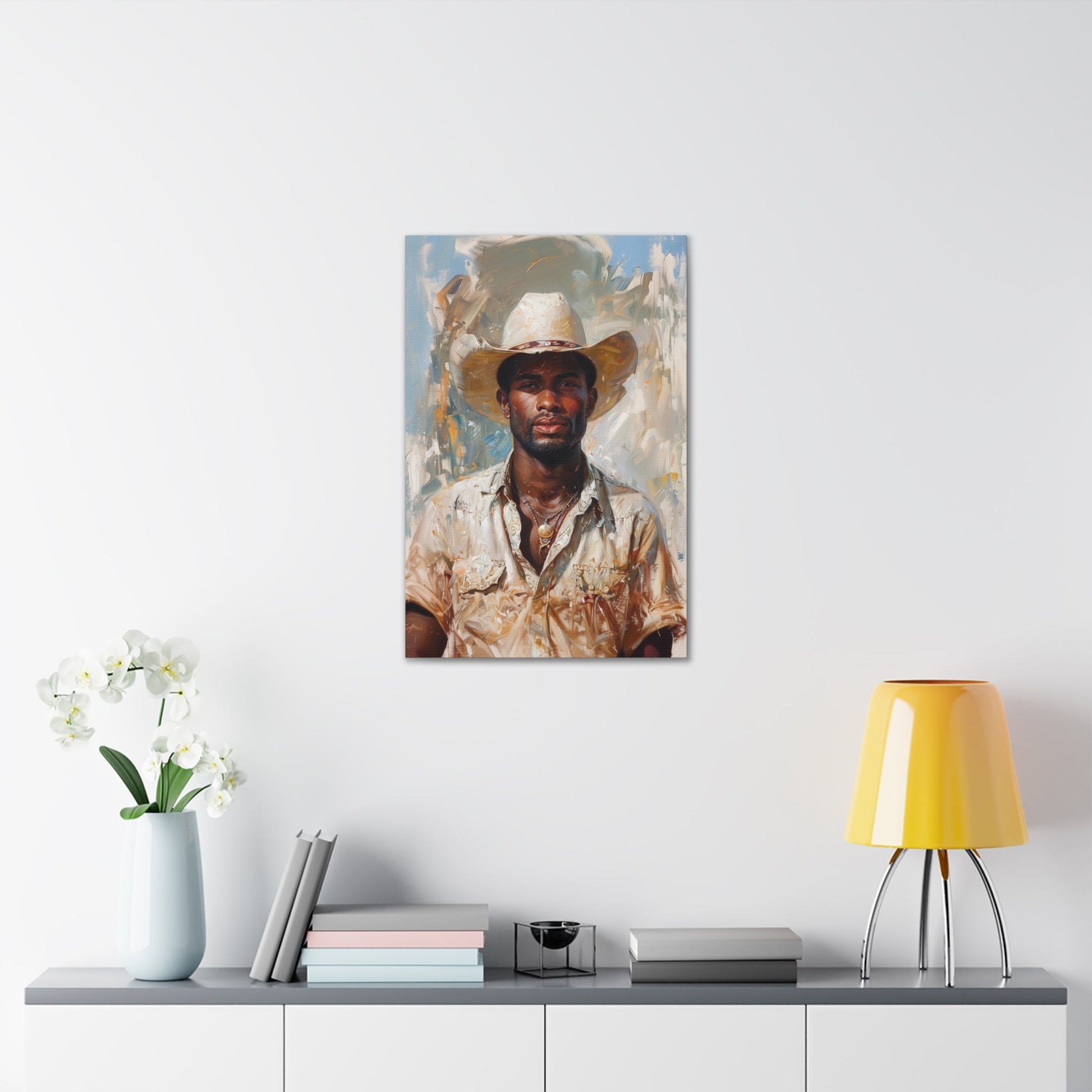 Vertical-oriented artwork: Portrait of a Cowboy IV depicts a close-up portrait of an african-american lone cowboy, his face partially obscured by a wide-brimmed hat, rendered in the Impressionist style with charming details and contrasting values, capturing the rugged beauty of the Old West.