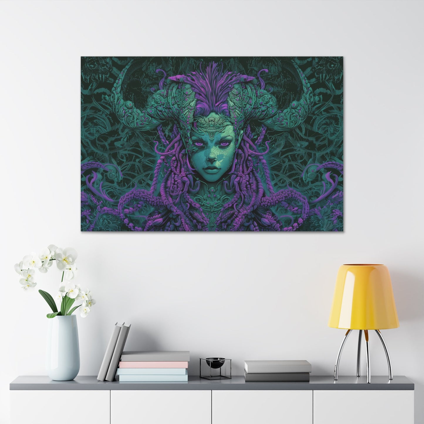 Horizontal-oriented artwork: Illustration inspired artwork featuring an otherworldly queen with green skin and purple tentacles, set against a dark and mysterious background. The queen's symmetrical face and intricate design elements evoke an aura of eerie mystique.