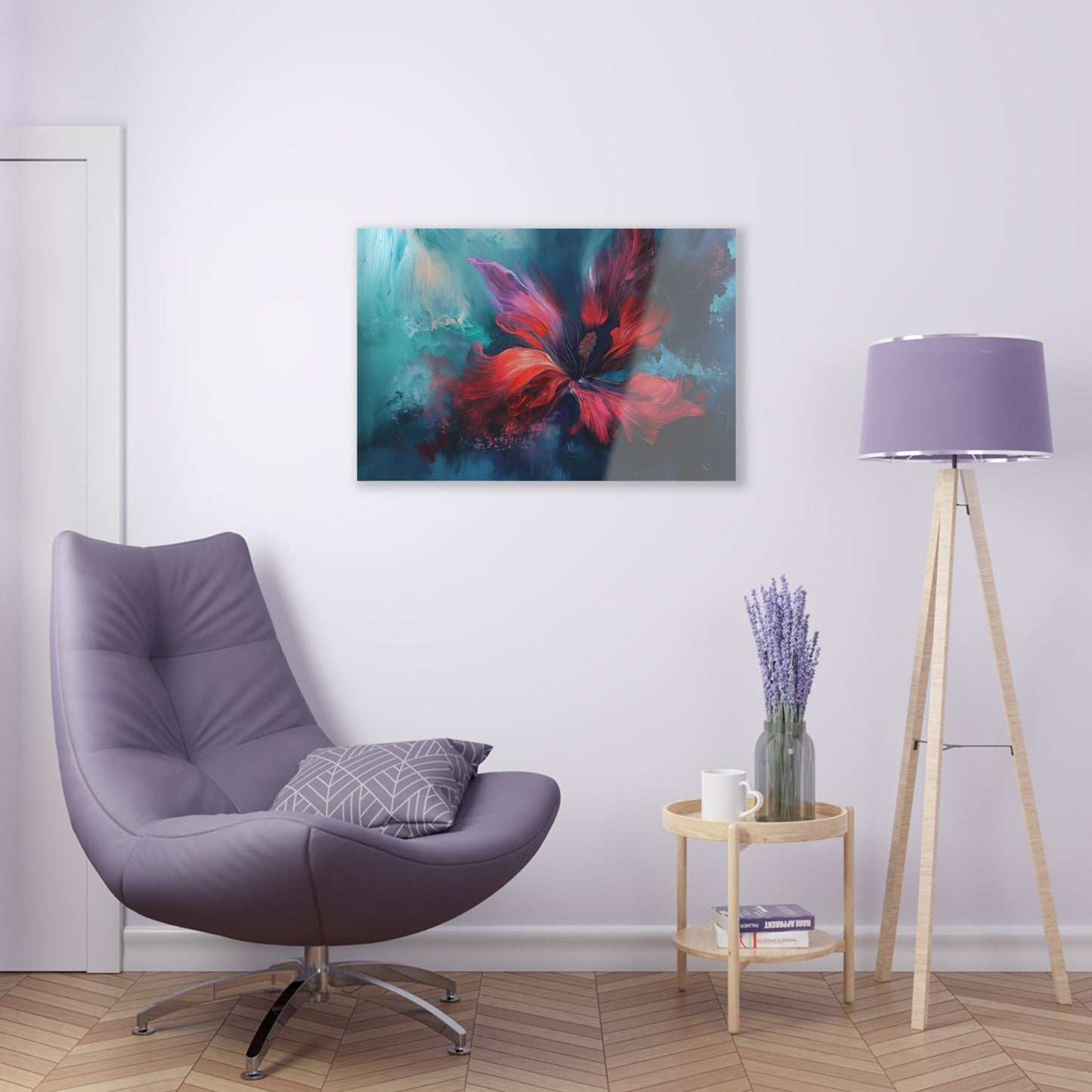 Horizontal-oriented wall art: "Crimson Bloom" A vibrant red flower in full bloom, with delicate crimson petals unfolding against a serene blue background. This abstract artwork captures the elegance and tranquility of nature, inviting a sense of calm and introspection.