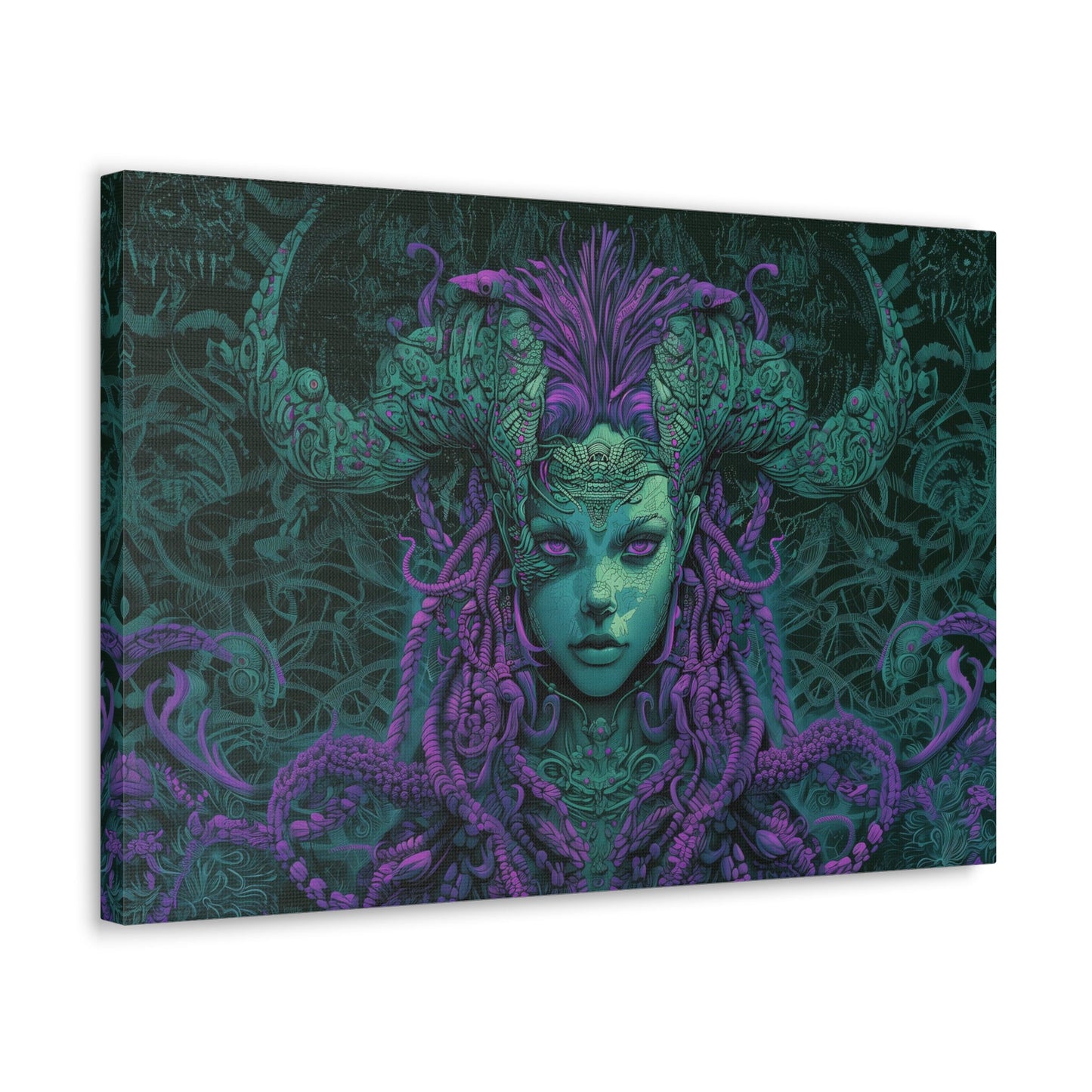 Horizontal-oriented artwork: Illustration inspired artwork featuring an otherworldly queen with green skin and purple tentacles, set against a dark and mysterious background. The queen's symmetrical face and intricate design elements evoke an aura of eerie mystique.