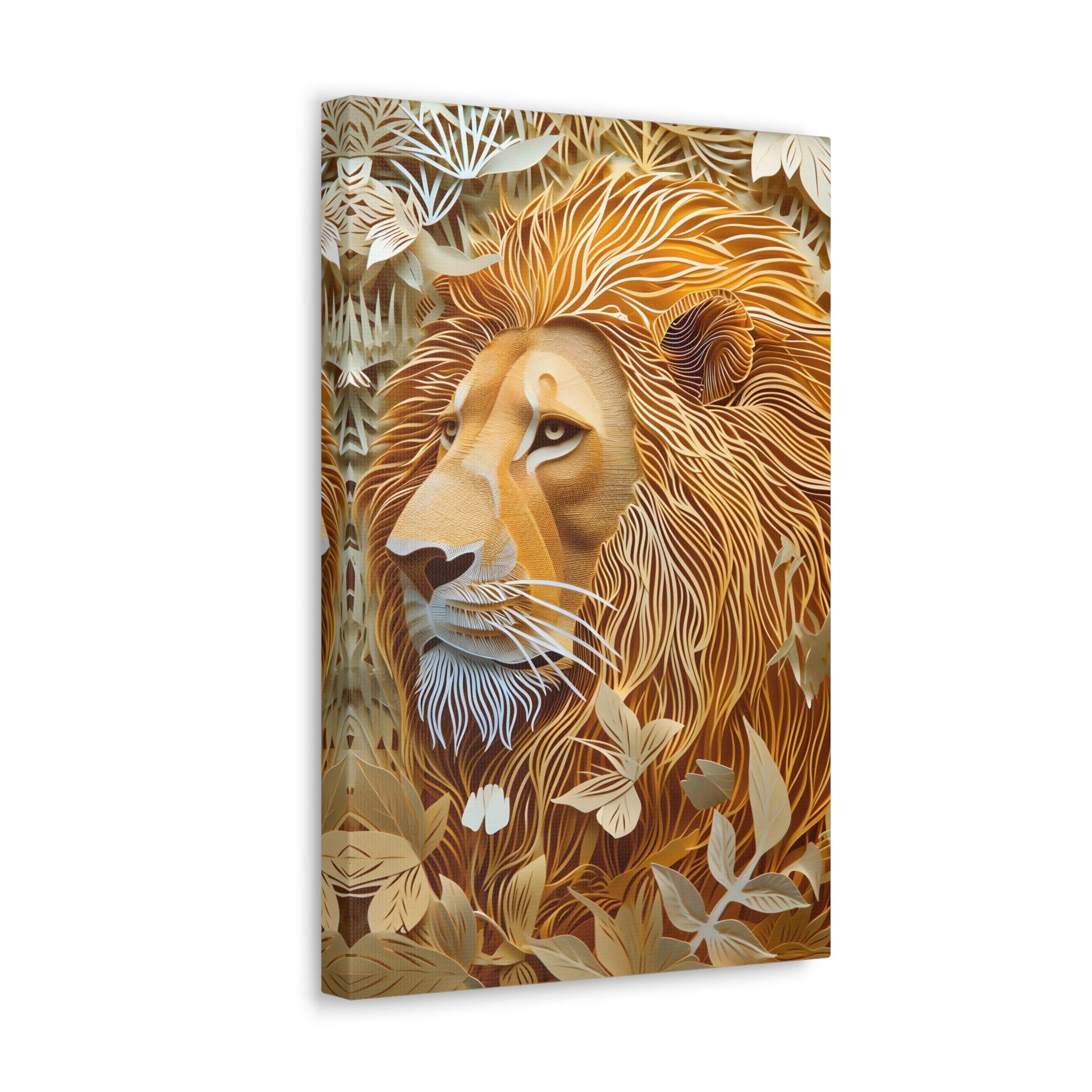 Celebrate the majestic beauty of the lion with 'Cut to the King II,' a stunning piece from our Wildlife Whims collection. This paper cutout inspired artwork captures the regal essence of the king of the jungle, with exquisite details and vibrant colors, adding a touch of the wild to your space.