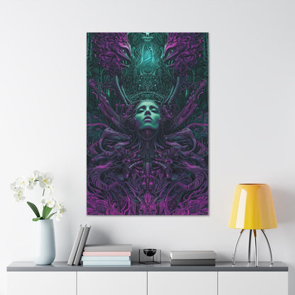 Vertical-oriented artwork: Illustration inspired artwork featuring an otherworldly queen with green skin and purple tentacles, set against a dark and mysterious background. The queen's symmetrical face and intricate design elements evoke an aura of eerie mystique.