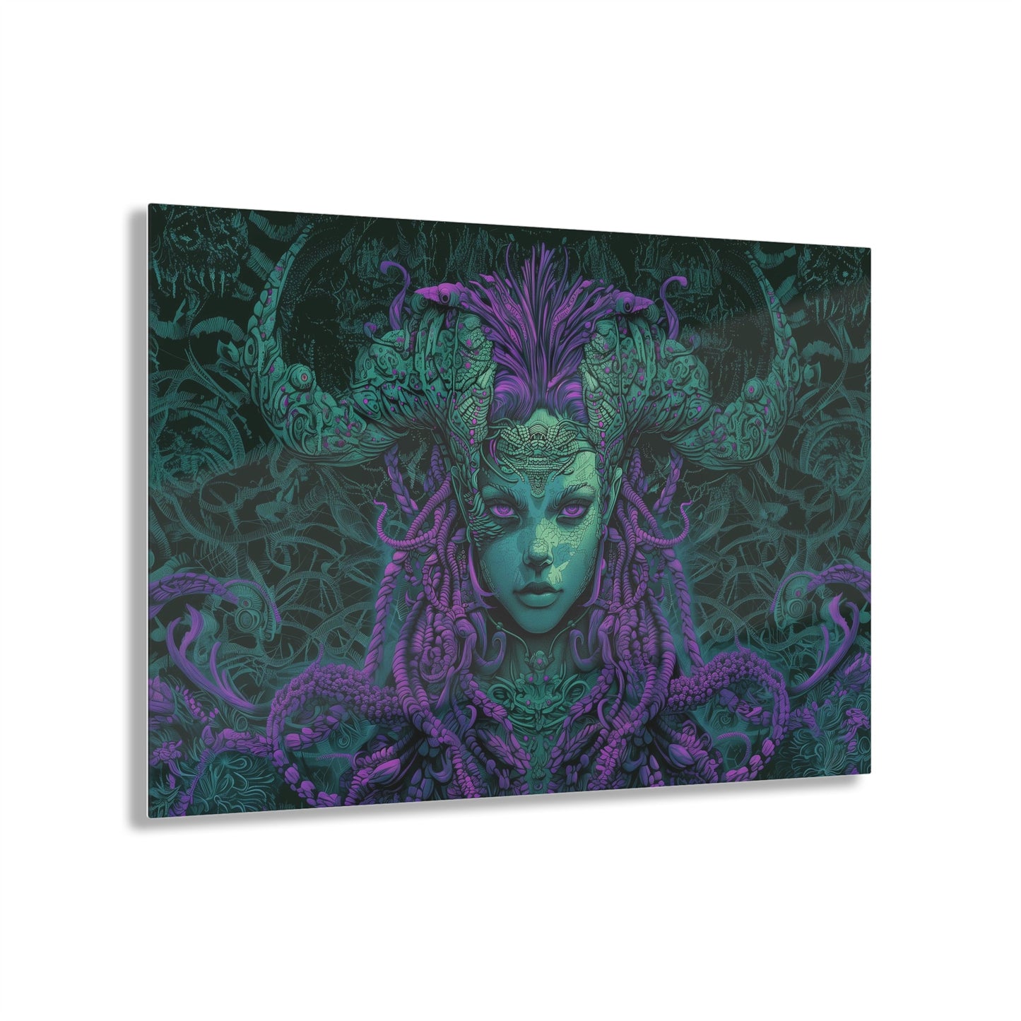 Horizontal-oriented artwork: Illustration inspired artwork featuring an otherworldly queen with green skin and purple tentacles, set against a dark and mysterious background. The queen's symmetrical face and intricate design elements evoke an aura of eerie mystique.