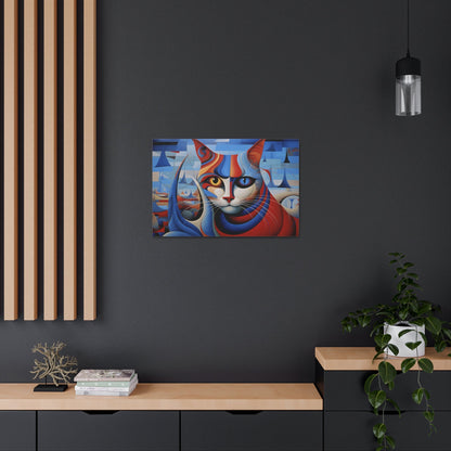 Horizontal-oriented wall art: A vibrant, cubist-inspired depiction of a cat's face, featuring bold geometric shapes and a striking mix of red, blue, and orange tones. The cat's eyes are prominently highlighted, with one eye in yellow and the other in blue, creating a captivating contrast against the abstract background.