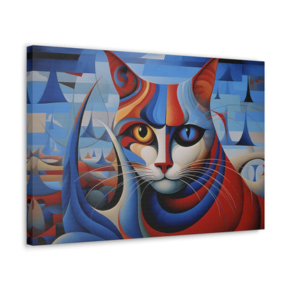 Horizontal-oriented wall art: A vibrant, cubist-inspired depiction of a cat's face, featuring bold geometric shapes and a striking mix of red, blue, and orange tones. The cat's eyes are prominently highlighted, with one eye in yellow and the other in blue, creating a captivating contrast against the abstract background.