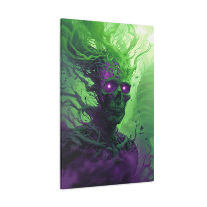 Vertical-oriented artwork: An eerie illustration featuring a mystical lich with glowing eyes, surrounded by eldritch energies in shades of green and purple, against a dark, ominous background.