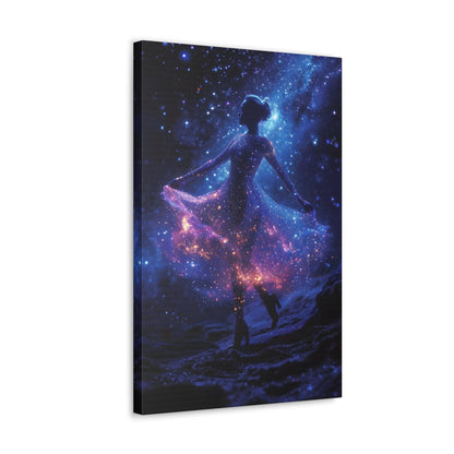 Capturing the celestial grace of a ballerina dancing amidst stars, Cosmic Ballet wall art adds an enchanting touch of cosmic elegance to your space, featuring a celestial dancer with a dress adorned by cosmic constellations with blue, pink, and purple hues.