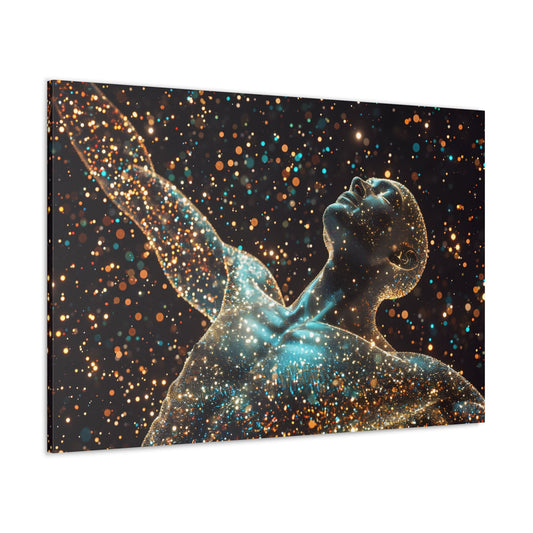 Starry Form presents a celestial dance of the male silhouette, crafted from shimmering stars against the cosmic canvas, capturing the essence of ethereal movement in the vastness of space.