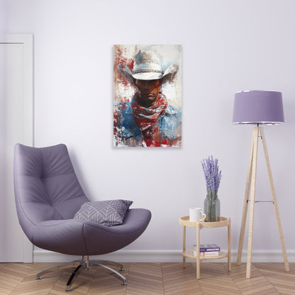 Vertical-oriented artwork: Portrait of a Cowboy II depicts a close-up portrait of a lone cowboy, his face partially obscured by a wide-brimmed hat, rendered in the Impressionist style with charming details and contrasting values, capturing the rugged beauty of the Old West.