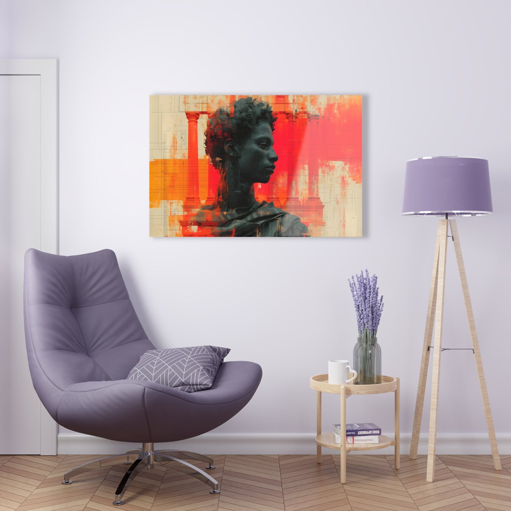 Horizontal-Oriented wall art: Digital artwork titled AfroSync from the Renaissance Rebooted collection, featuring a Renaissance-inspired male statue with an Afro-centric twist, surrounded by glitch art and vibrant red and orange tones. The image combines classical sculpture with modern digital elements, symbolizing the fusion of tradition and technology.
