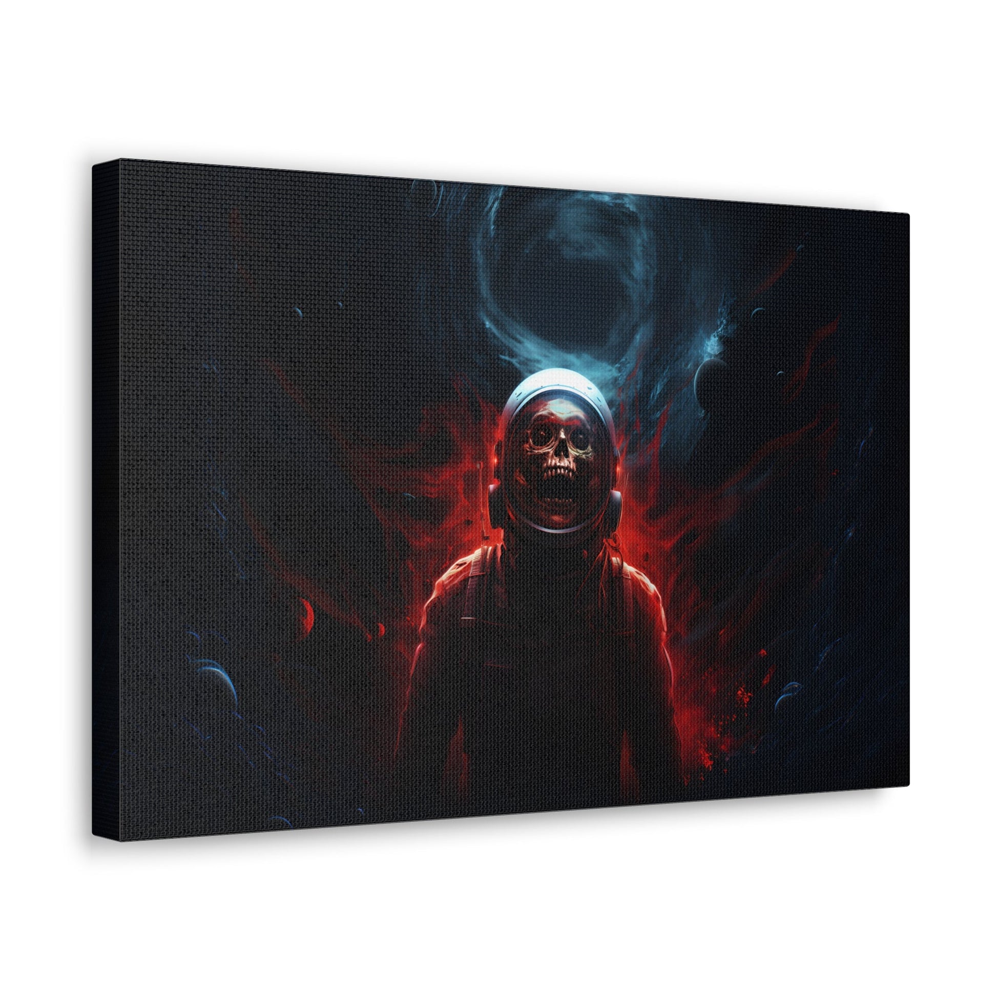 Horizontal-oriented wall art:'Cosmic Remains' from the Deep Space Dread collection features a surreal depiction of an astronaut's skeletal figure suspended in the vastness of space. The artwork showcases intricate details and cosmic hues, capturing the enigma of cosmic mysteries and otherworldly encounters.