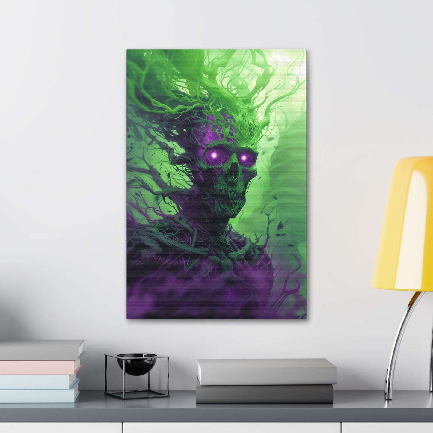 Vertical-oriented artwork: An eerie illustration featuring a mystical lich with glowing eyes, surrounded by eldritch energies in shades of green and purple, against a dark, ominous background.