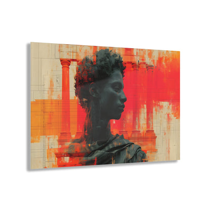 Horizontal-Oriented wall art: Digital artwork titled AfroSync from the Renaissance Rebooted collection, featuring a Renaissance-inspired male statue with an Afro-centric twist, surrounded by glitch art and vibrant red and orange tones. The image combines classical sculpture with modern digital elements, symbolizing the fusion of tradition and technology.
