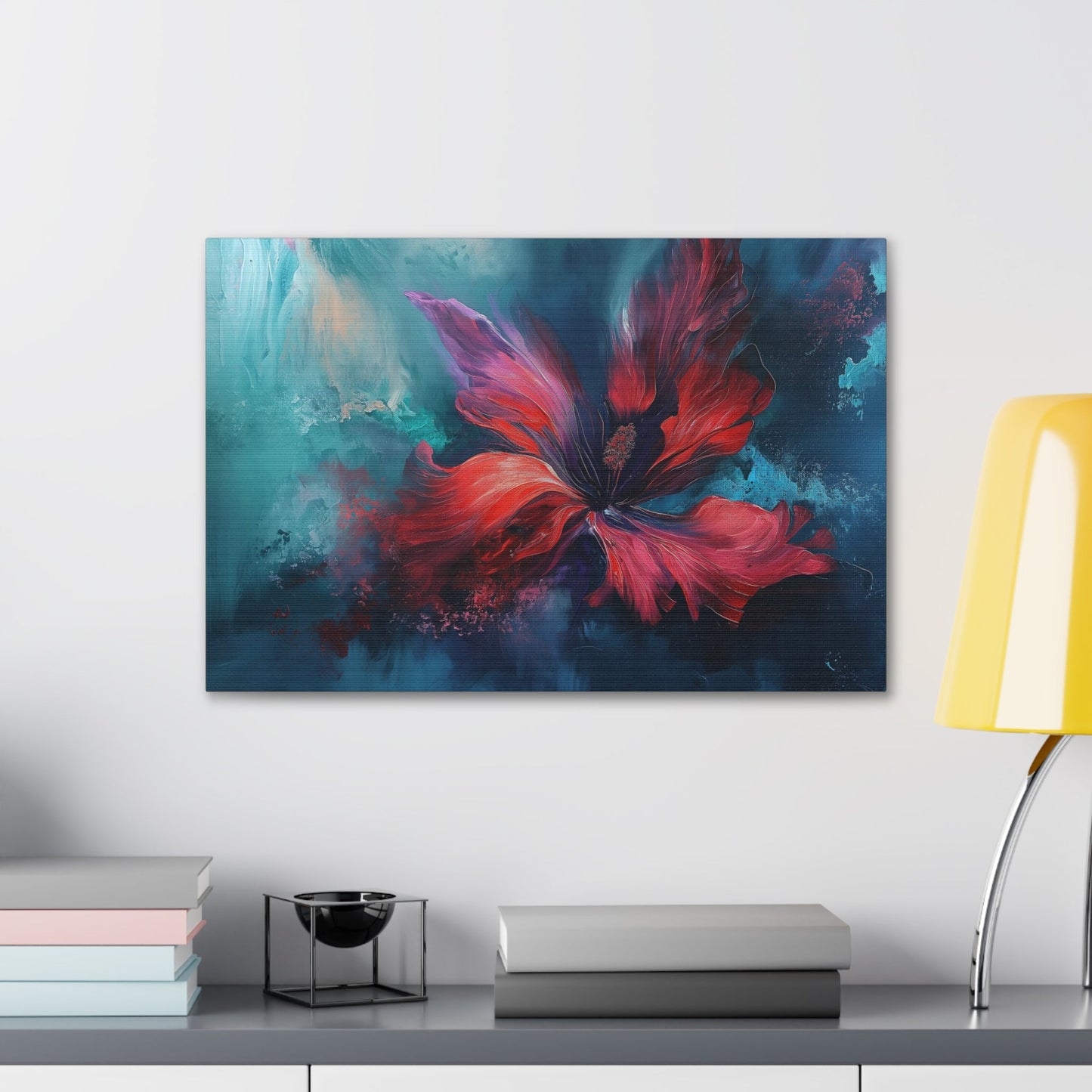 Horizontal-oriented wall art: "Crimson Bloom" A vibrant red flower in full bloom, with delicate crimson petals unfolding against a serene blue background. This abstract artwork captures the elegance and tranquility of nature, inviting a sense of calm and introspection.